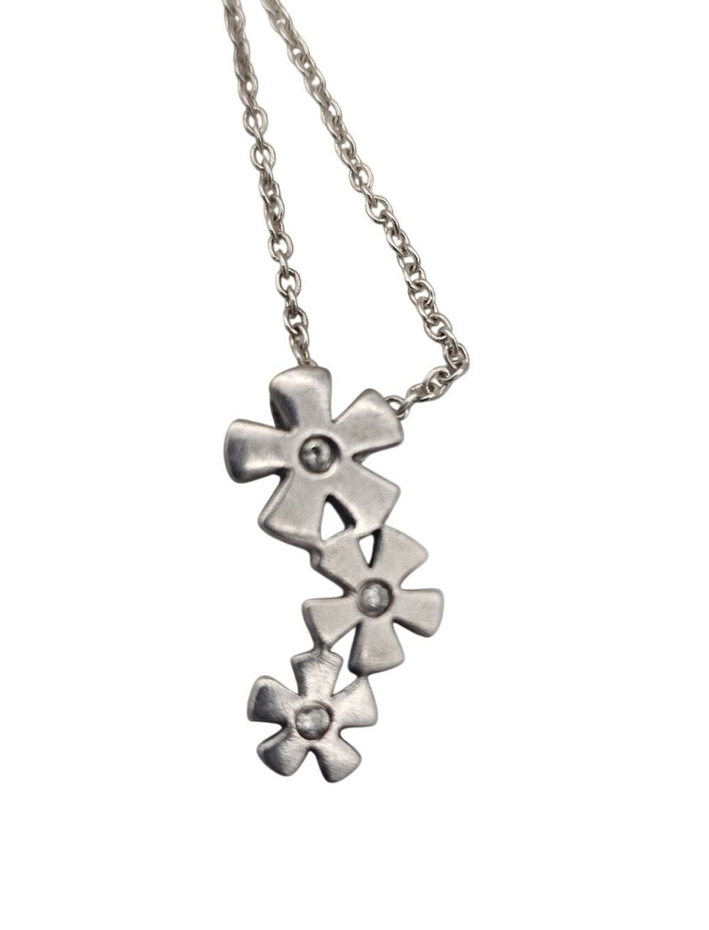 Sterling Silver Three Flower Motif Pendant Necklace